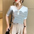 Short-sleeve Collar Striped T-shirt Black Stripe - White - One Size