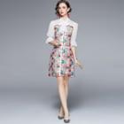 Elbow-sleeve Floral Embroidered Bow Accent Sheath Dress