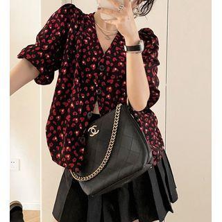 Short-sleeve V-neck Print Blouse Black - One Size