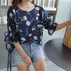 Ruffle=sleeve Floral Pattern Top