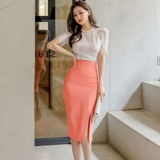 Set: Short-sleeve Lace Top + Slit Midi Pencil Skirt