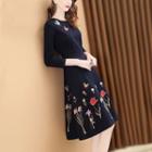 3/4-sleeve Flower Embroidered Midi A-line Dress