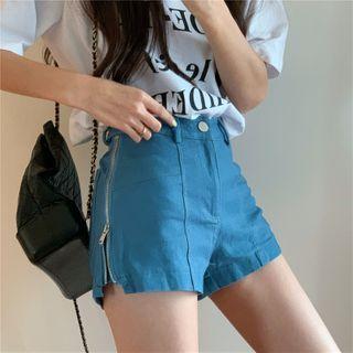 Side-zip High-waist Denim Hot Pants