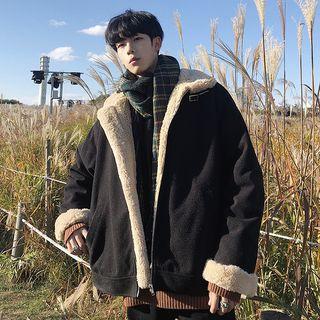 Plain / Houndstooth Fleece-lined Zip Jacket