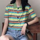 Striped Cropped Polo Shirt Green - One Size