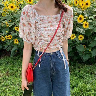 Square-neck Floral Chiffon Drawstring Skinny Crop Top