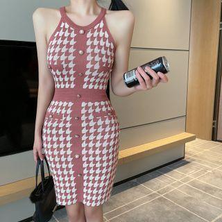 Halter-neck Houndstooth Mini Sheath Dress