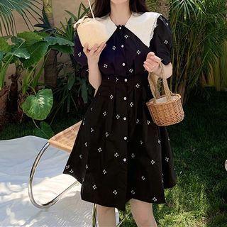 Short-sleeve Floral Embroidered Doll-collar Mini Dress