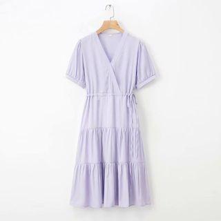 V-neck Short-sleeve Tiered Midi A-line Dress