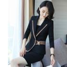 Contrast-trim Blazer / Dress Pants / Mini Pencil Skirt / Set
