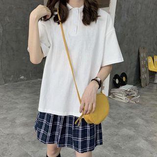 Contrast Trim Elbow-sleeve Polo Shirt / Plaid A-line Skirt