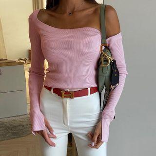 Long Sleeve Cold-shoulder Plain Ribbed-knit Crop Top