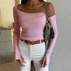 Long Sleeve Cold-shoulder Plain Ribbed-knit Crop Top