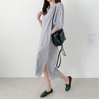 Puff-sleeve Plaid Dress Sky Blue - One Size