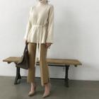 Turtle-neck Ribbed Wool Blend Sweater With Sash