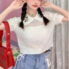 Short-sleeve Collar Flower Embroidered Knit Top White - One Size
