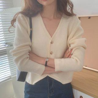 Long-sleeve Plain V-neck  Knit Cardigan