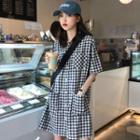 Elbow-sleeve Plaid Shirt Dress As Shown In Figure - One Size