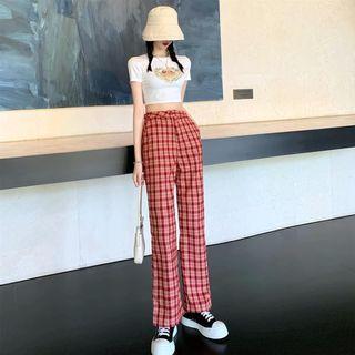 Printed Angel Short-sleeved Top / High Waist Plaid Pants
