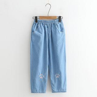 Paw Embroidered Cropped Jeans