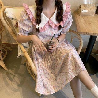 Short-sleeve Floral Print Dress Floral - Pink & White - One Size