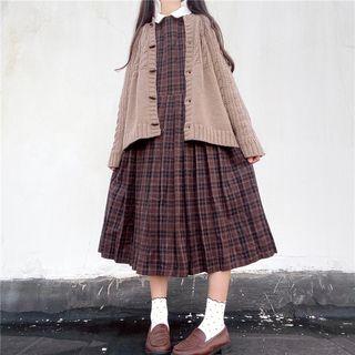 Plain Blouse / Plaid Pinafore Dress / Toggle Cardigan