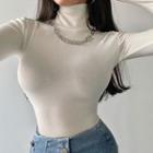 Long-sleeve Mock-neck Plain Slim-fit Top