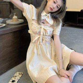 Short-sleeve Lace-up Top / Sleeveless Panel A-line Dress