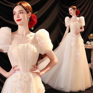 Puff-sleeve Flower Detail Sheath Evening Gown