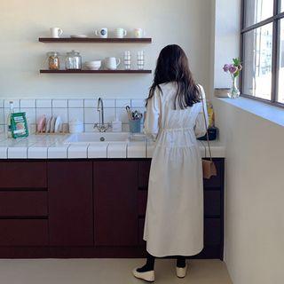 Drawstring-waist Shirred Long Flare Dress