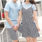 Couple Matching Short-sleeve T-shirt / Striped Shorts / Mock Two-piece Dress