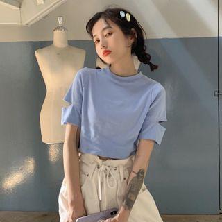 Over Size Short-sleeved Ripped Plain Top