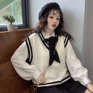 Knit Vest / Oversized Shirt / Pleated Skirt