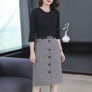3/4-sleeve Plaid Panel Straight-fit Dress