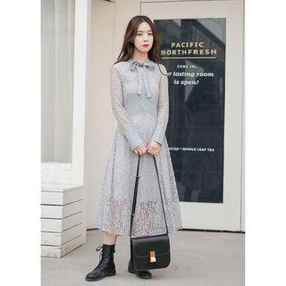 Tie-neck Long-sleeve Midi A-line Lace Dress