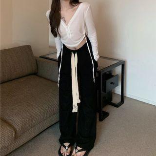 Long-sleeve V-neck Plain Drawstring T-shirt / High-waist Drawstring Shift Wide-leg Pants