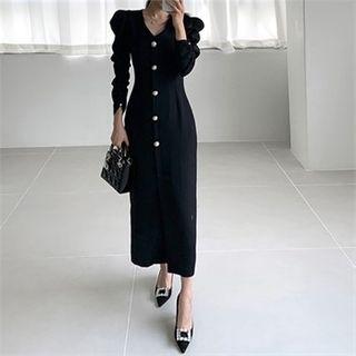 Puff-sleeve Faux-pearl H-line Maxi Dress