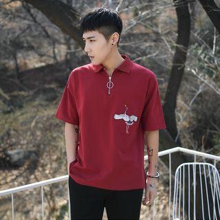 Elbow-sleeve Embroidery Zipped Polo Shirt