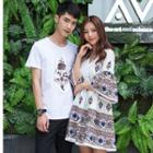 Couple Matching Short-sleeve Printed T-shirt / Short-sleeve Patterned A-line Dress