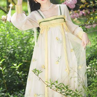 Lantern-sleeve Square Neck Embroidered Maxi A-line Hanfu Dress