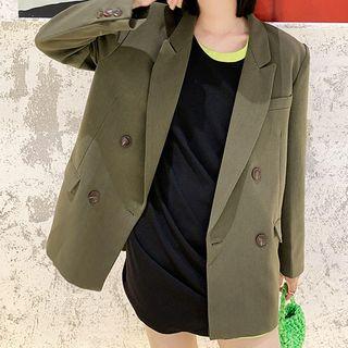 Plain Double-breasted Blazer / High-waist Wide-leg Pants