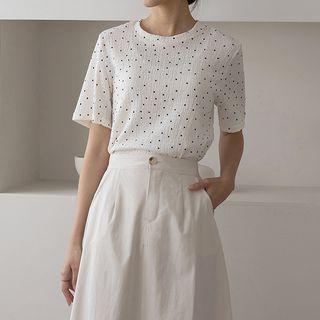 Round-neck Dotted Crinkled Top Light Beige - One Size