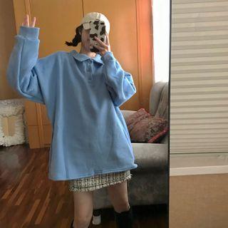 Long-sleeve Plain Polo Shirt Blue - One Size