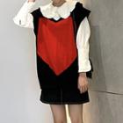 Ruffled Blouse / Heart Print Knit Vest