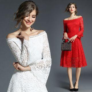 Off-shoulder Ruffled Lace Midi Dress