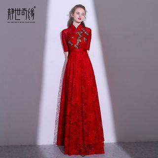 Embroidered Lace Short-sleeve Evening Gown