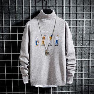 Embroidered Cartoon Mock Neck Sweater