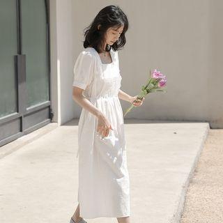 Puff-sleeve Drawstring Back Plain Dress