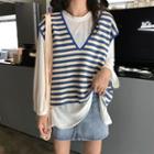 Striped Knit Vest / Plain Long-sleeve T-shirt