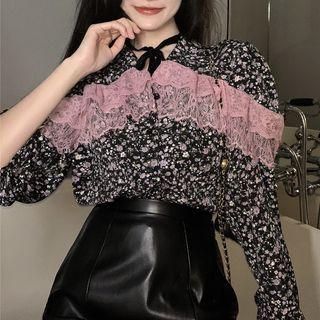 Tie-neck Floral Print Lace Panel Blouse Black - One Size